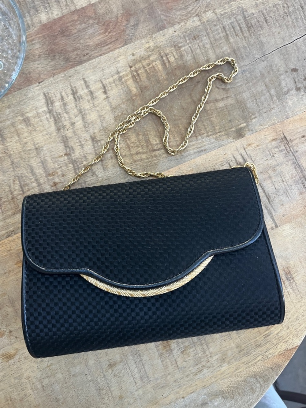 Black Textured Evening Clutch with Gold Chain